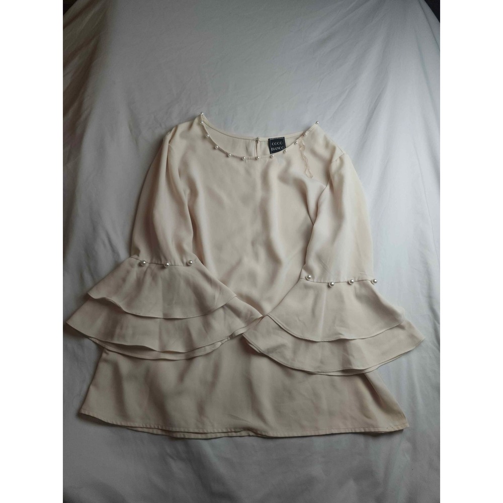Coco Bianco Cream Pearl Embellished Tiered Bell‎ Sleeve Blouse XL